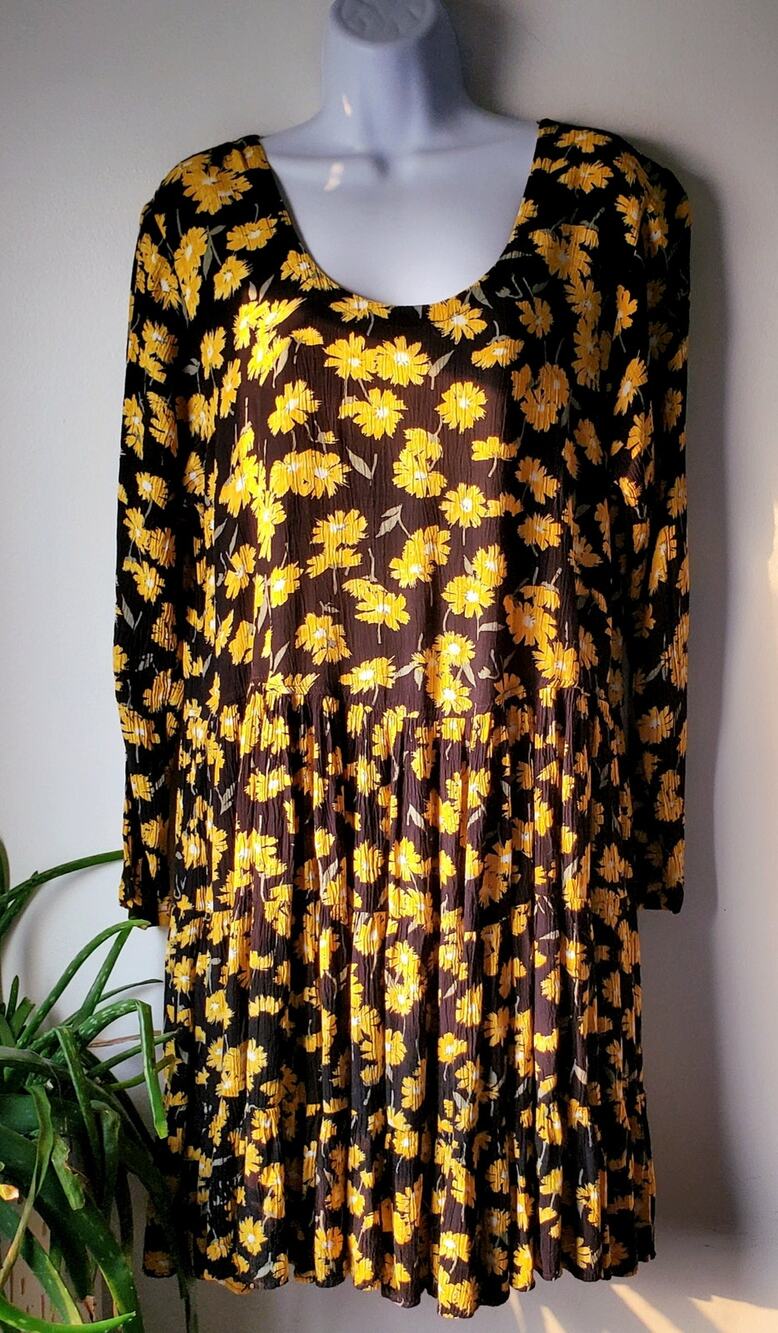 Vtg Anna Bella Designs Womens Yellow Floral Mini Dress Size OSFM Prairie Hippie